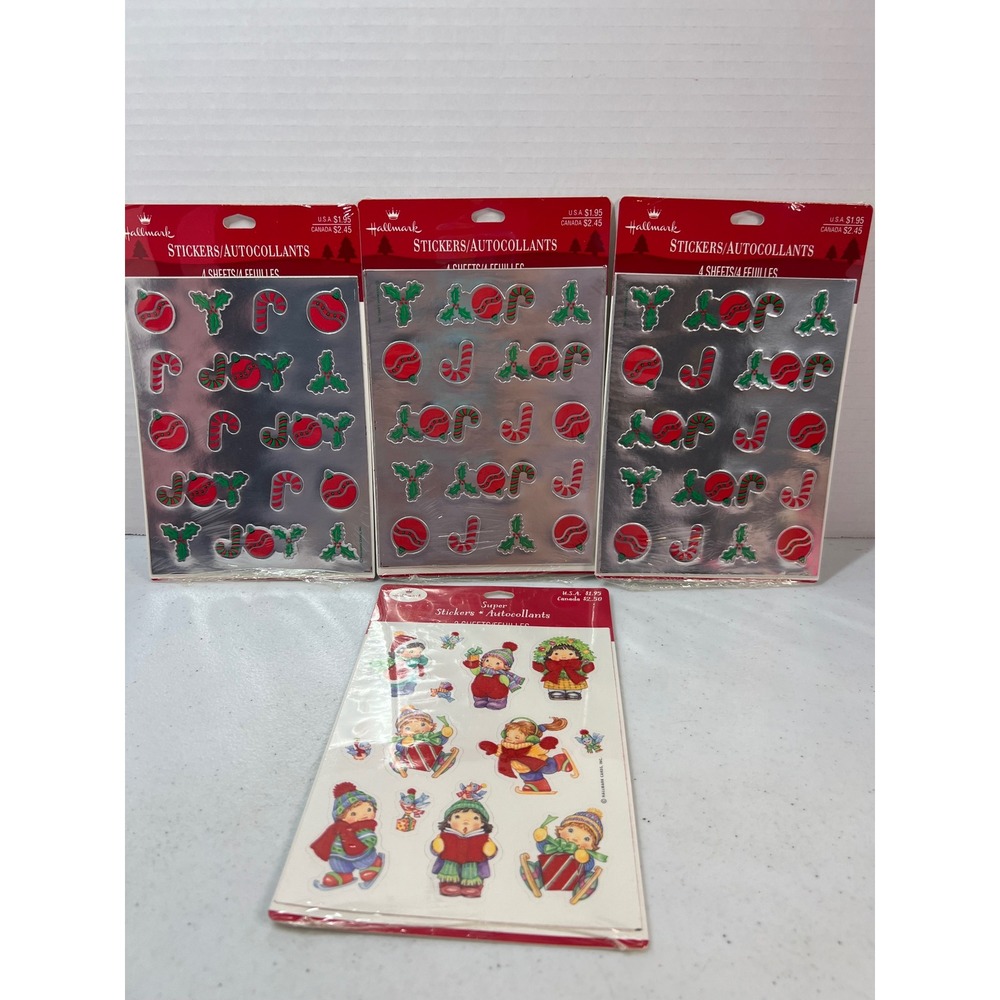 Vintage Hallmark Christmas Stickers Lot 4 Packs Silver Foil Joy Winter Kids